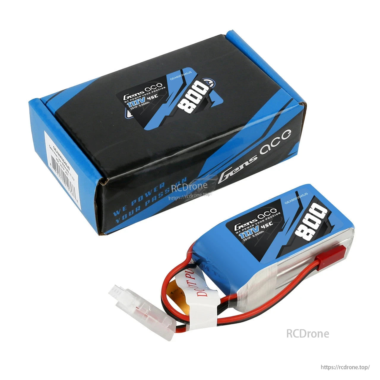 Gens ace 800mAh 3S 45C 11.1V LiPo Battery, Gens ace 800mAh 3S 11.1V 45C LiPo battery with lead wires, balance plug, and retail box