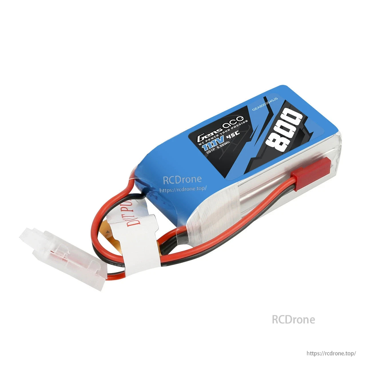Gens ace 800mAh 3S 45C 11.1V LiPo Battery, Gens ace 800mAh 3S 11.1V 45C LiPo battery pack with red power lead and white balance connector