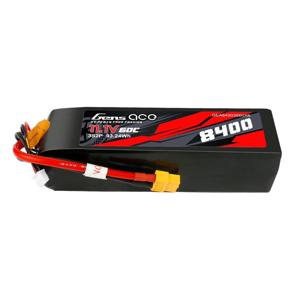 Gens ace 8400mAh 3S2P 11.1V 60C LiPo battery pack with XT90-style connector and balance lead
