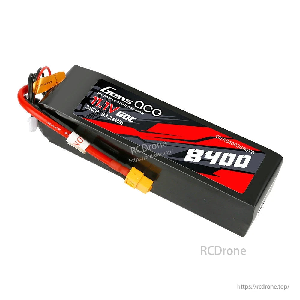 Gens ace 8400mAh 3S2P 11.1V 60C LiPo battery pack with main power lead and balance connector