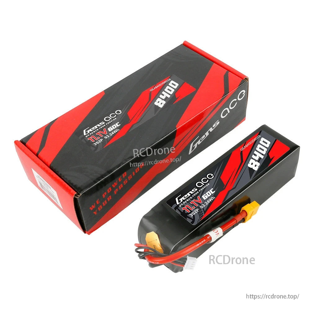 Gens ace 8400mAh 3S2P 11.1V 60C LiPo Battery, Gens ace 8400mAh 3S 11.1V 60C LiPo battery pack with XT60-style connector, balance lead, and retail box