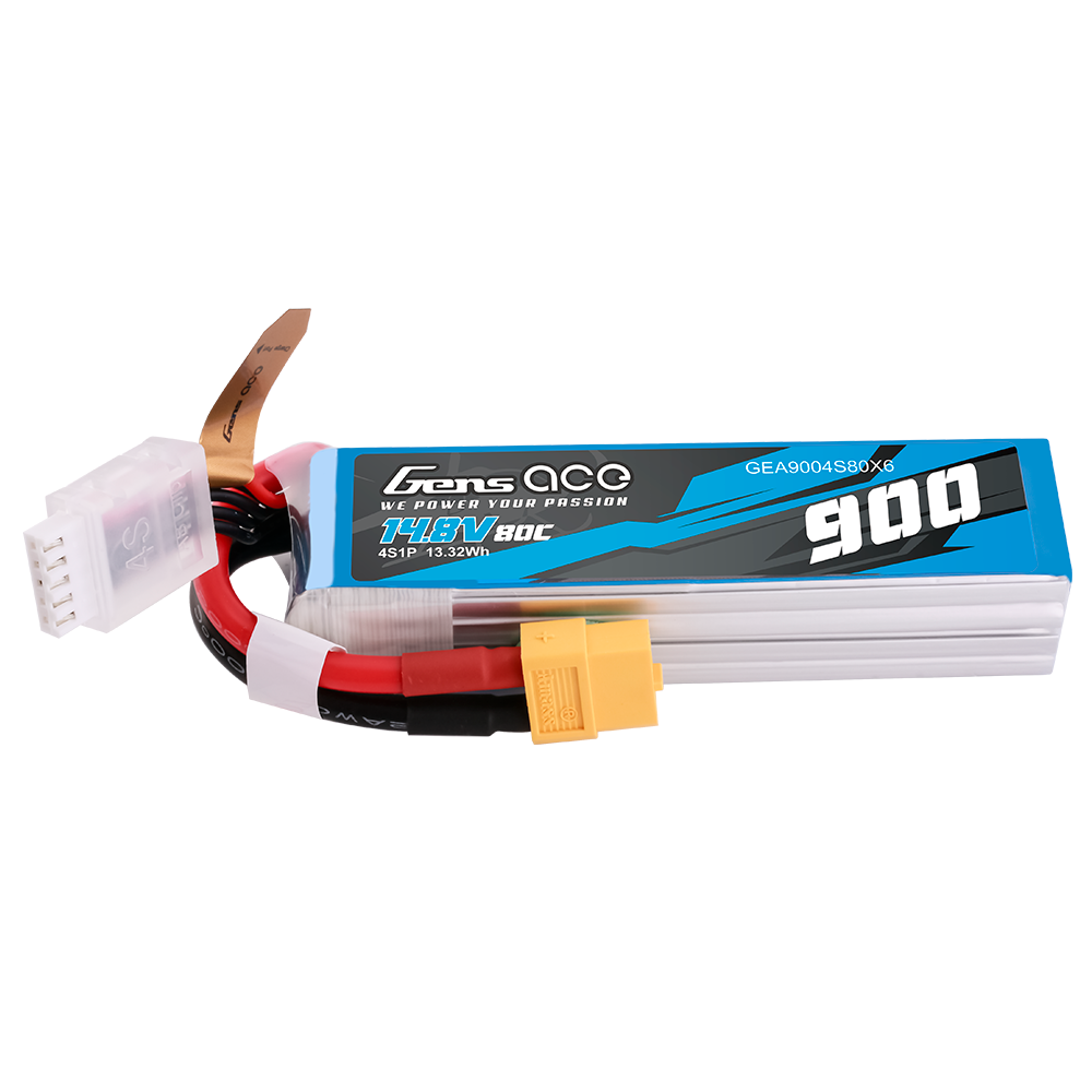 Gens ace 900mAh 4S1P 14.8V 80C LiPo Battery, Gens ace 900mAh 4S 14.8V 80C LiPo battery pack with XT60 connector and 4S balance lead