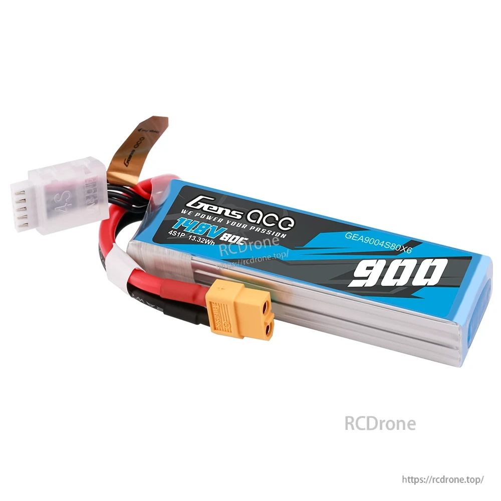 Gens ace 900mAh 4S1P 14.8V 80C LiPo Battery, Gens ace 900mAh 4S 14.8V LiPo battery pack with XT60 power plug and 4S balance lead