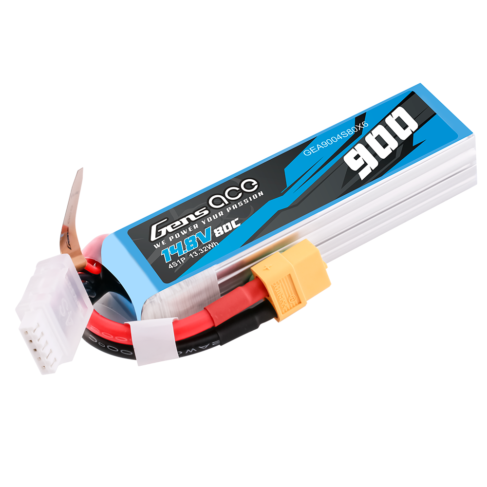 Gens ace 900mAh 4S1P 14.8V 80C LiPo Battery, Gens ace 900mAh 4S 14.8V 80C LiPo battery pack with XT60 plug and 4S balance connector