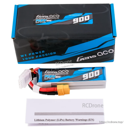 Gens ace 900mAh 4S1P 14.8V 80C LiPo Battery, Gens ace 900mAh 4S 14.8V 80C LiPo battery pack with XT60-style plug, balance lead, and retail box