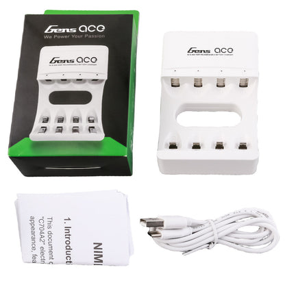 Gens ace AA/AAA NiMH rechargeable battery charger with four slots, LED indicators, USB cable and manual