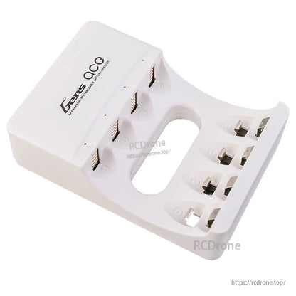 Gens ace AA/AAA NiMH rechargeable battery charger with four slots and individual indicator lights in white housing