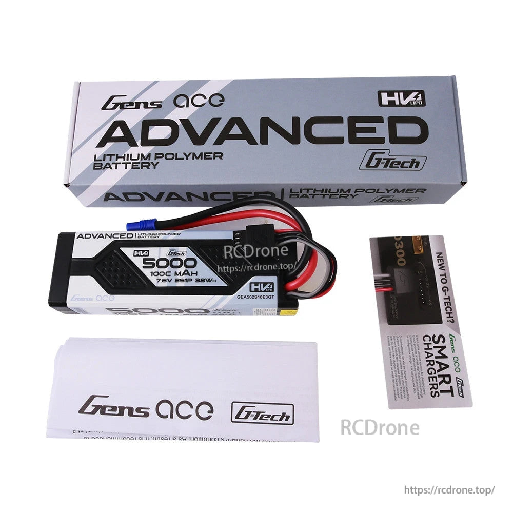 Gens ace Advanced HV LiPo hardcase battery pack 5000mAh 2S 7.6V with power leads and balance connector