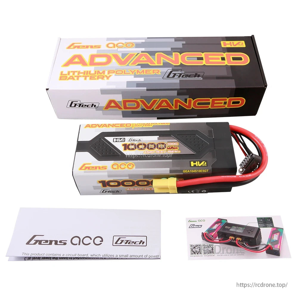 Gens ace Advanced G-Tech LiPo Battery, Gens ace Advanced G-Tech 10000mAh 4S 15.2V LiPo battery with XT90 lead, balance plug, and box