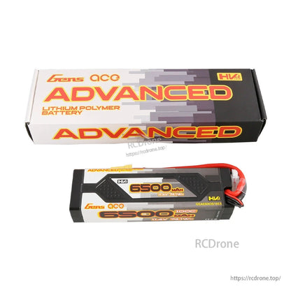 Gens ace Advanced LiPo battery pack with box, labeled 6500mAh 11.4V 74.1Wh 100C and HV4 markings
