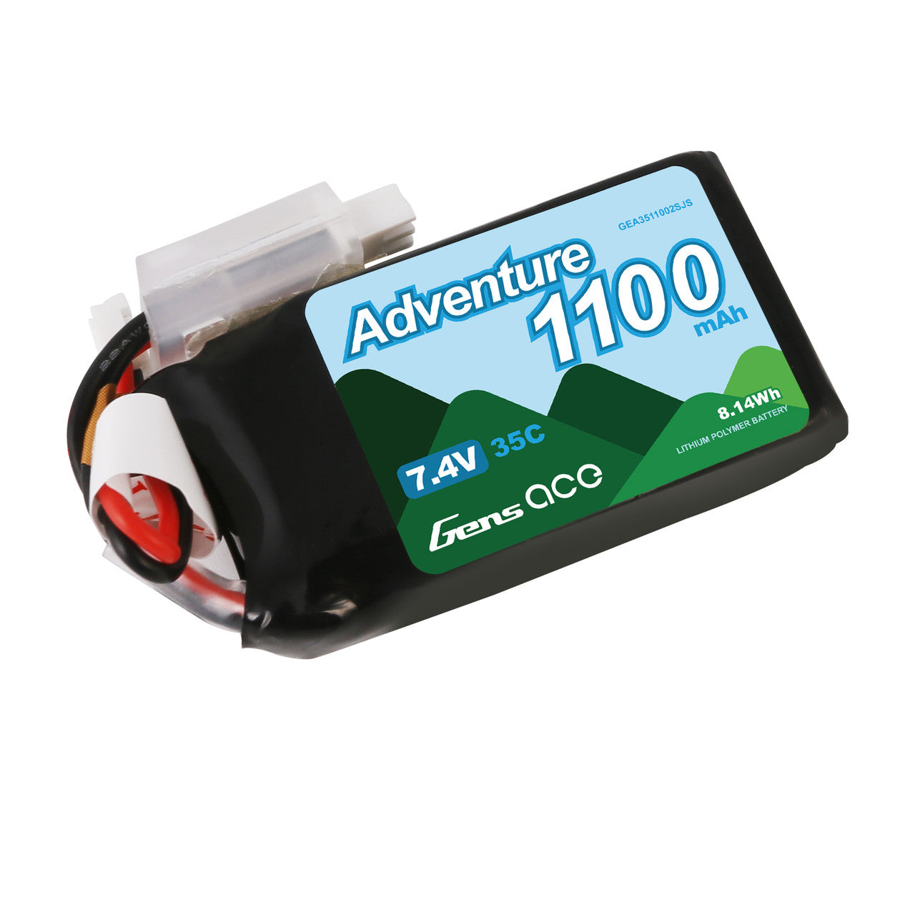 Gens ace Adventure 1100mAh 2S 7.4V 35C LiPo battery pack with attached leads and JST-PHR plug