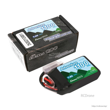 Gens ace Adventure 1100mAh 2S 7.4V 35C LiPo battery pack with wiring and white connector, plus retail box
