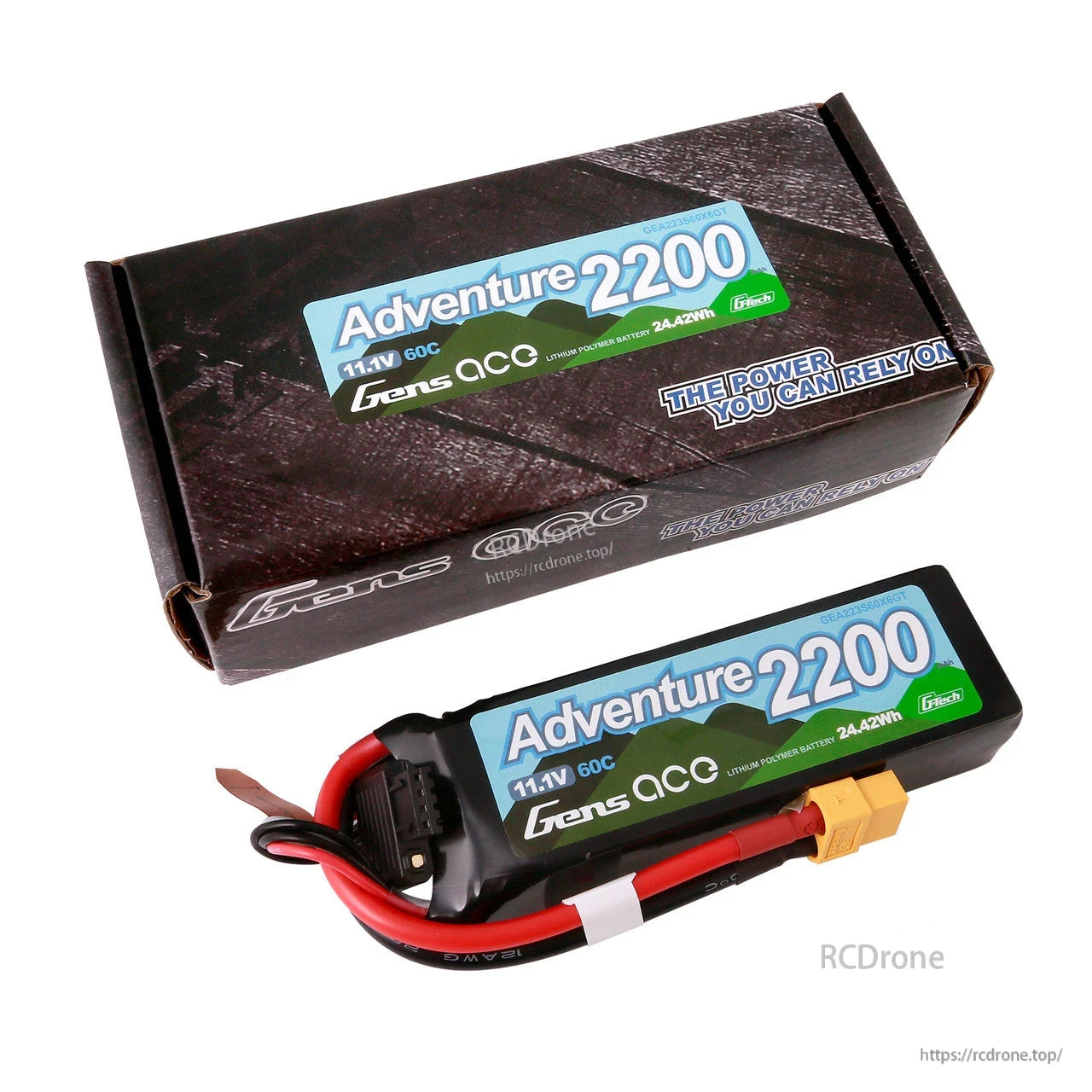Gens ace Adventure 2200 11.1V 60C LiPo battery pack with XT60 plug and lead, shown with retail box