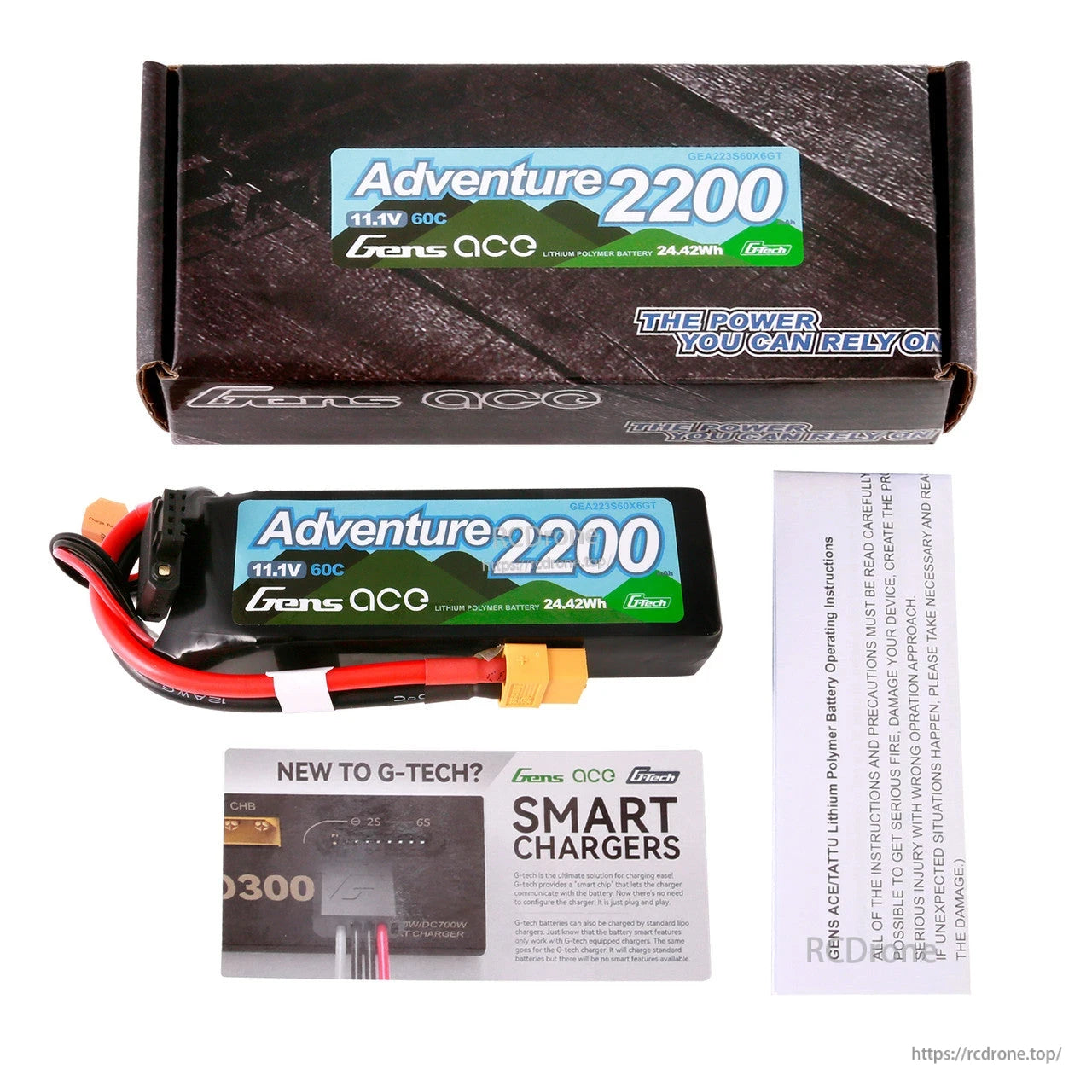 Gens ace Adventure 2200mAh 3S 11.1V 60C LiPo battery pack with XT60 plug, box, and instructions
