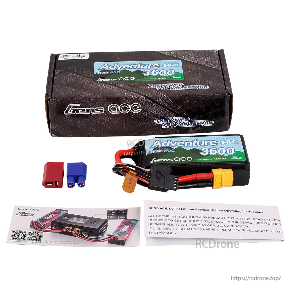 Gens ace Adventure HV 3600 11.4V 60C LiPo battery pack with XT60 connector, adapter plugs, and box