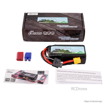 Gens ace Adventure 4300 3S LiPo battery pack with XT60 connector, Deans adapter, retail box and instructions