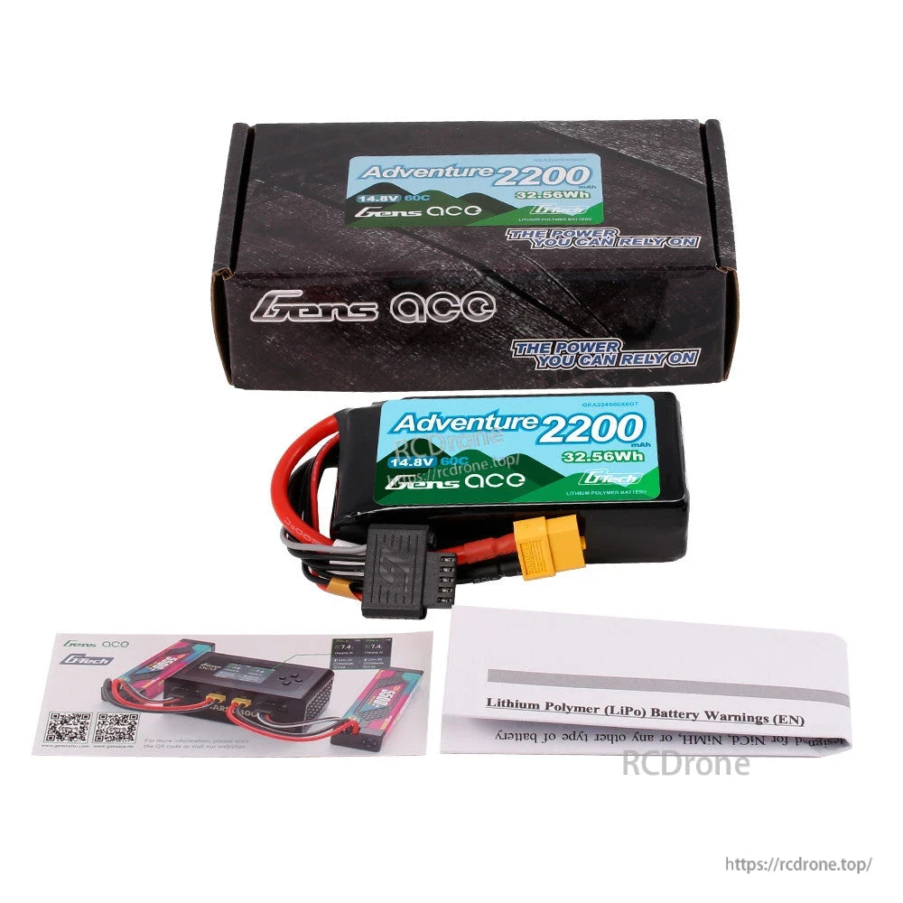 Gens ace Adventure LiPo Battery, Gens ace Adventure 2200mAh 14.8V LiPo battery with XT60 plug, balance lead, box and safety booklet