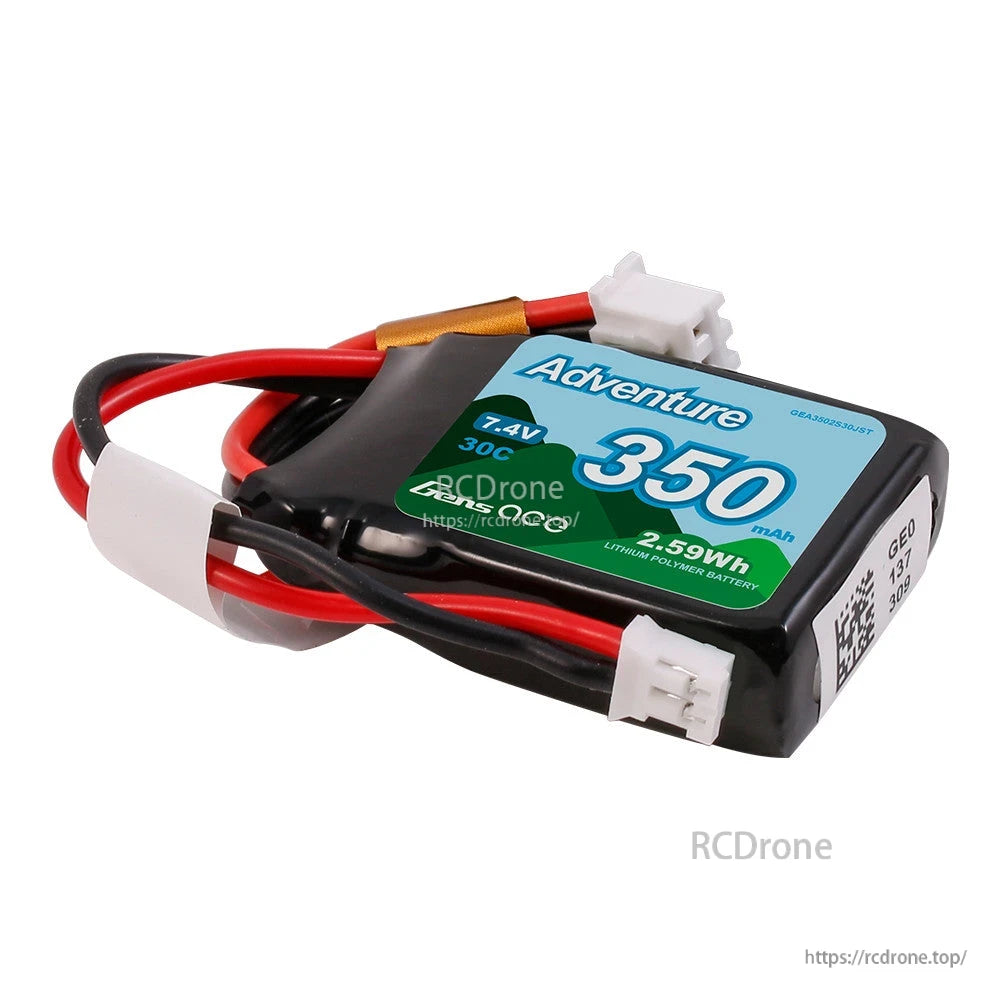 Gens ace Adventure LiPo Battery, Gens ace Adventure 7.4V 350mAh LiPo battery pack with 30C rating, lead wires and white JST-style plugs