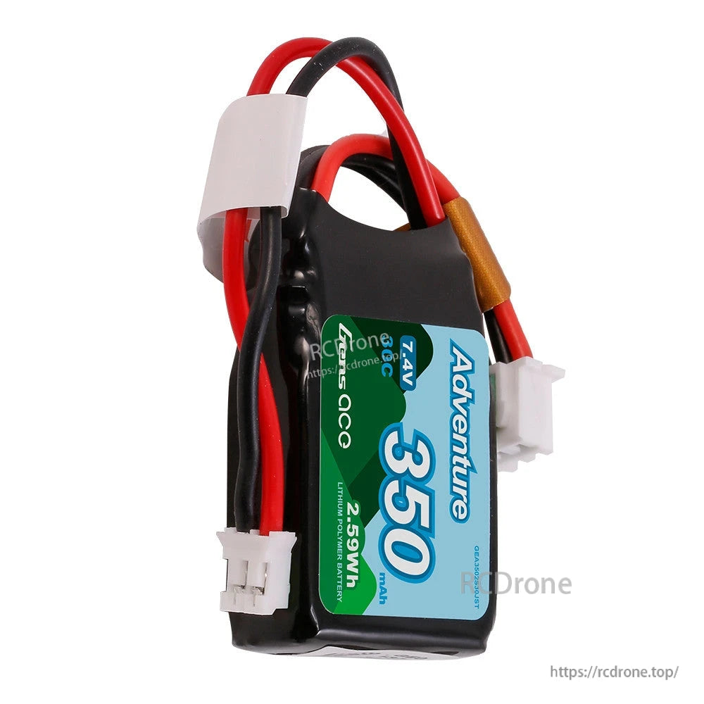 Gens ace Adventure LiPo Battery, Gens ace Adventure 2S 7.4V 350mAh LiPo battery pack with red/black leads and two white connectors