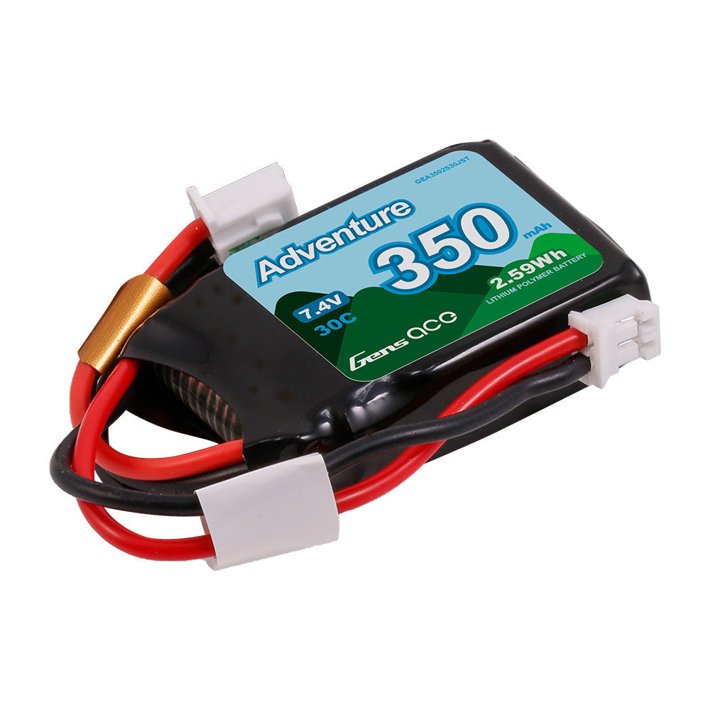 Gens ace Adventure LiPo Battery, Gens ace Adventure 350mAh 7.4V 30C LiPo battery pack with red/black leads and white plug connectors