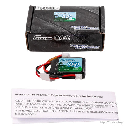Gens ace Adventure LiPo Battery, Gens ace Adventure 350mAh 7.4V LiPo battery pack with leads, retail box, and operating instructions leaflet