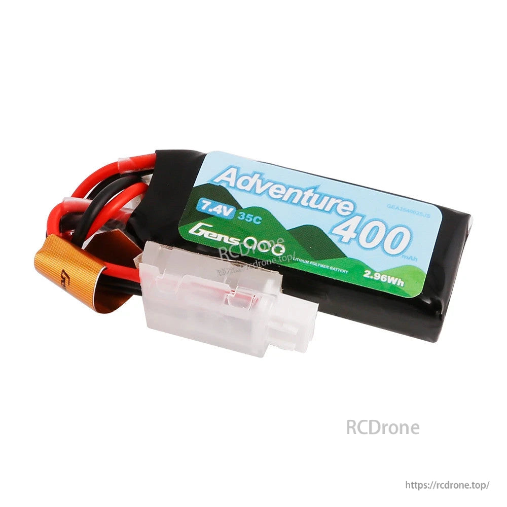 Gens ace Adventure 400mAh 2S 7.4V 35C LiPo battery pack with attached wires and white JST plug