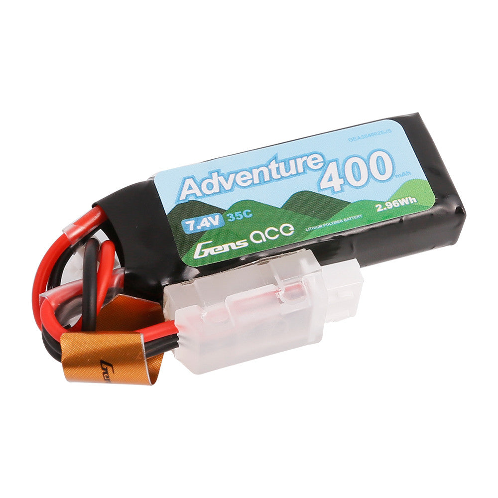 Gens ace Adventure 400mAh 7.4V 35C 2S LiPo battery pack with JST plug and wiring lead