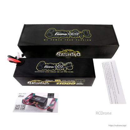 Gens ace Bashing Pro LiPo battery packaging labeled 4S 14.8V 11000mAh 100C with included leads and paperwork