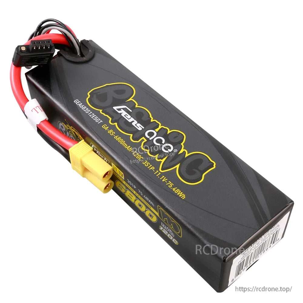 Gens ace Bashing 6800mAh 3S 11.1V 120C LiPo battery pack with yellow high-current plug and G-tech balance lead
