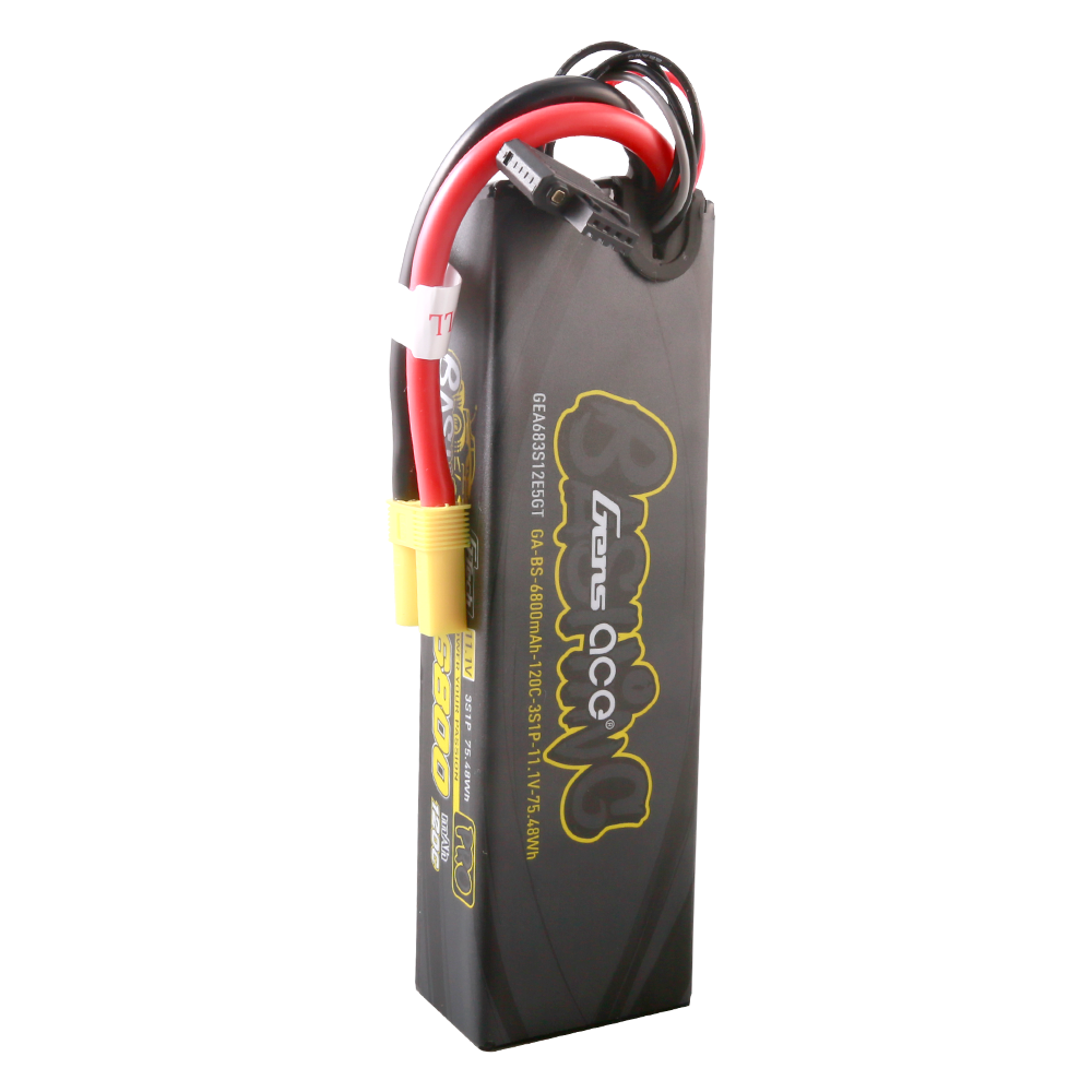 Gens ace 3S LiPo battery pack with 6800mAh label, heavy-gauge leads, balance plug, and yellow power connector