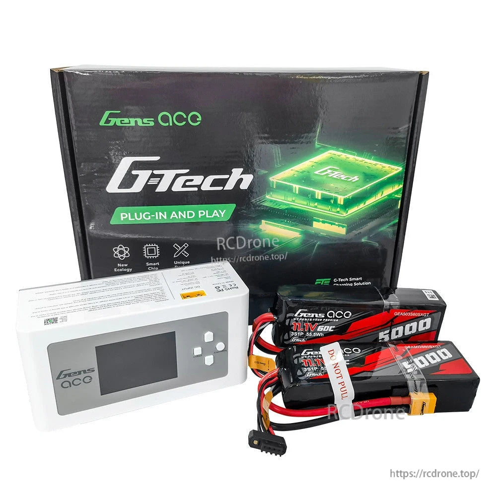 Gens ace G-Tech bundle with two 5000mAh 3S 11.1V 60C LiPo batteries with XT60 plugs and a white charger