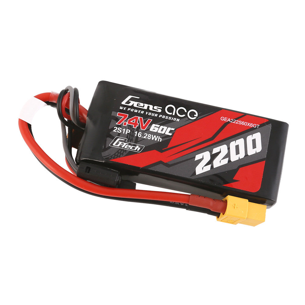Gens ace G-Tech 2200mAh 2S 7.4V 60C LiPo battery pack with yellow XT60-style connector and leads