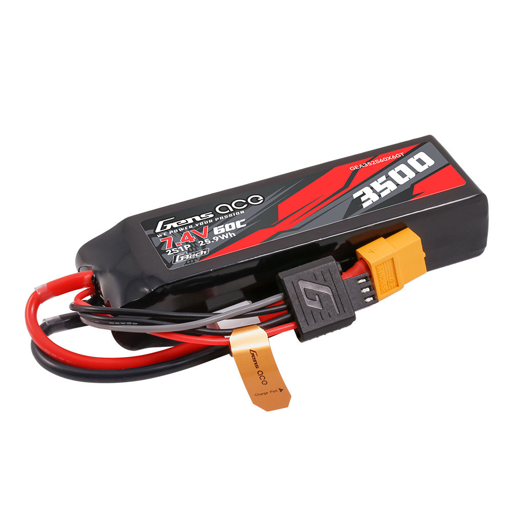 Gens ace G-Tech 3500mAh 2S 7.4V 60C LiPo Battery, Gens ace 3500mAh 2S 7.4V 60C LiPo battery pack with XT60 plug, balance lead, and G-Tech charge port