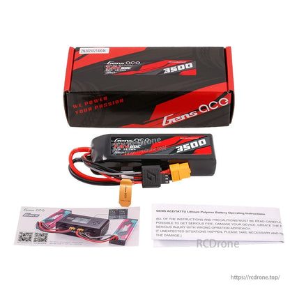 Gens ace G-Tech 3500mAh 2S 7.4V 60C LiPo battery with XT60-style connector, balance lead, and retail box