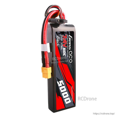 Gens ace 5000mAh 2S 7.4V LiPo battery pack with XT60 connector and balance lead, short-size hard case