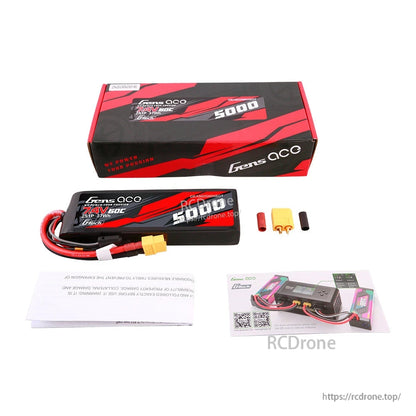 Gens ace G-Tech 5000mAh 2S 7.4V 60C LiPo battery pack with XT60 connector, box and accessories