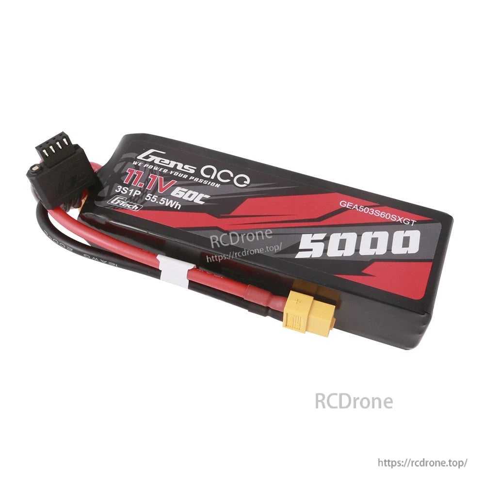 Gens ace 5000mAh 3S 11.1V LiPo battery pack with XT60 plug and 4-pin balance connector, labeled 50C