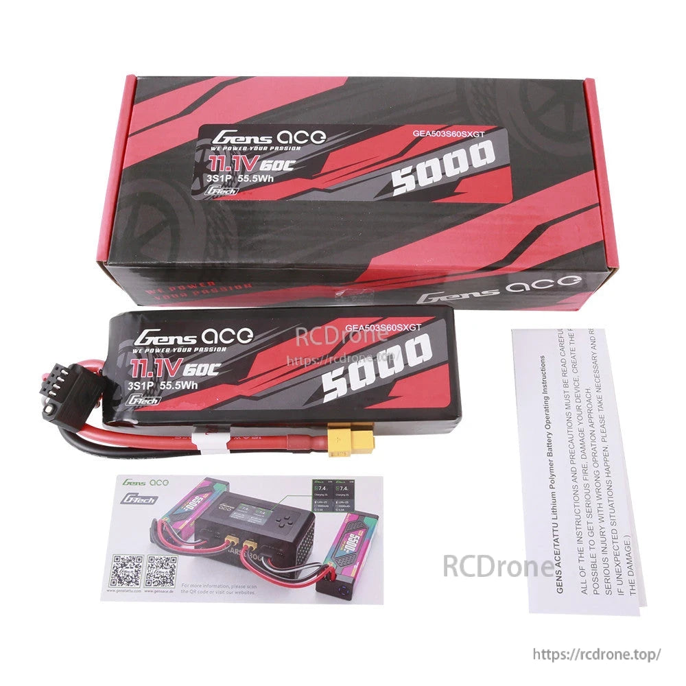 Gens ace G-Tech 5000mAh 3S 11.1V 60C LiPo battery pack with XT60 plug, 4-pin balance lead and box