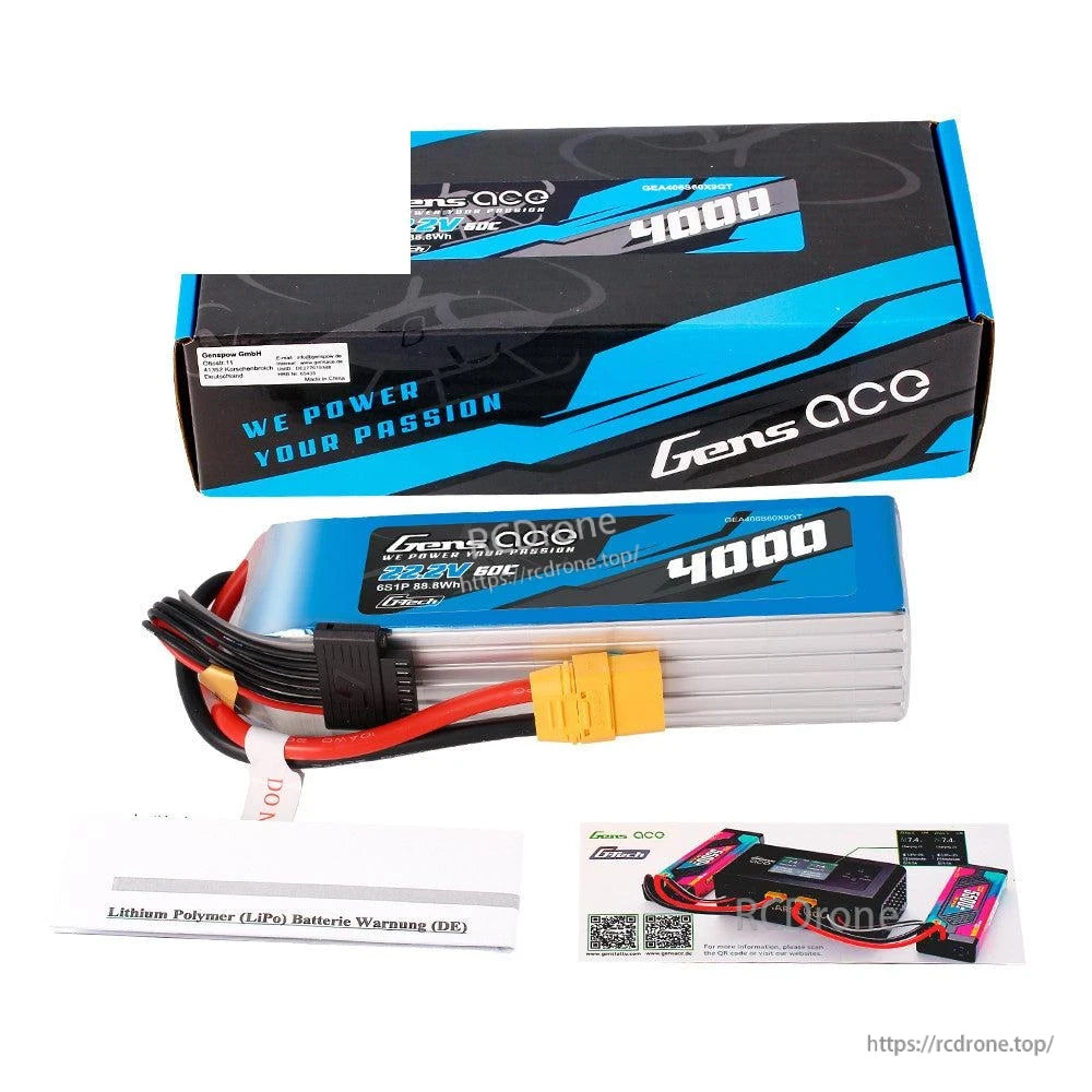 Gens ace G-Tech 6S 4000mAh 22.2V 60C LiPo battery pack with balance lead and yellow XT90-style connector