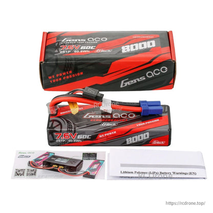 Gens ace G-Tech 7.6V 8000mAh 2S hardcase LiPo battery pack with EC5 connector and balance lead