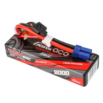Gens ace G-Tech 8000mAh 2S hardcase LiPo battery pack labeled 7.6V 50C with blue EC5-style plug and balance lead