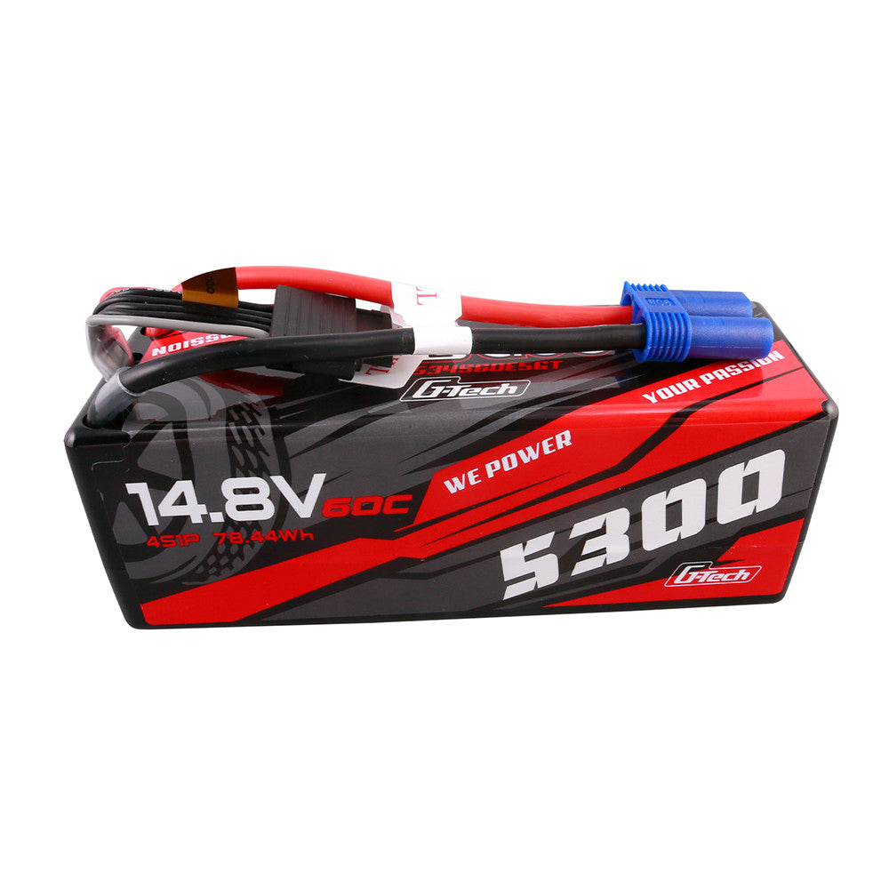 Gens ace G-Tech LiPo Battery, Gens ace G-Tech 5300mAh 4S LiPo battery pack labeled 14.8V 60C, with main and balance leads
