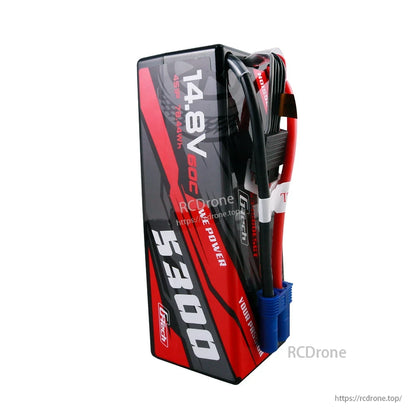 Gens ace G-Tech LiPo Battery, Gens ace G-Tech 4S LiPo battery pack labeled 14.8V 5300mAh 60C, with main lead and blue connector