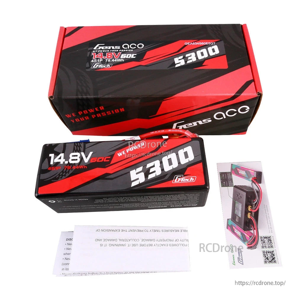 Gens ace G-Tech LiPo Battery, Gens ace G-Tech 4S LiPo battery pack with box, labeled 14.8V 5300mAh 50C, plus included paperwork