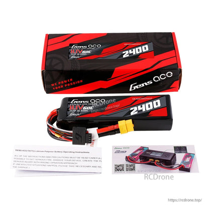 Gens ace G-Tech LiPo Battery, Gens ace G-Tech 11.1V 2400mAh 60C LiPo battery pack with XT60 plug, balance lead, and retail box