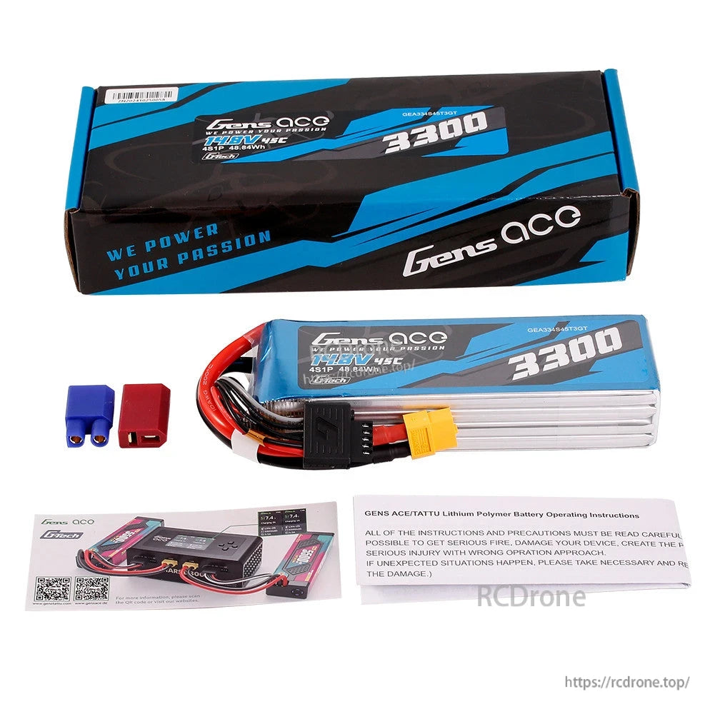 Gens ace G-Tech LiPo battery pack 3300mAh 14.8V 4S 45C with XT60 lead, balance plug, and adapters