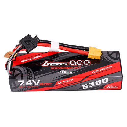 Gens ace G-Tech 7.4V 5300mAh hardcase LiPo battery pack with yellow power connector, balance plug, and adapter