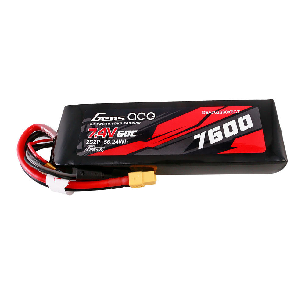 Gens ace G-tech LiPo Battery, Gens ace G-Tech 7.4V 7600mAh 60C 2S LiPo battery pack with XT60 connector and leads