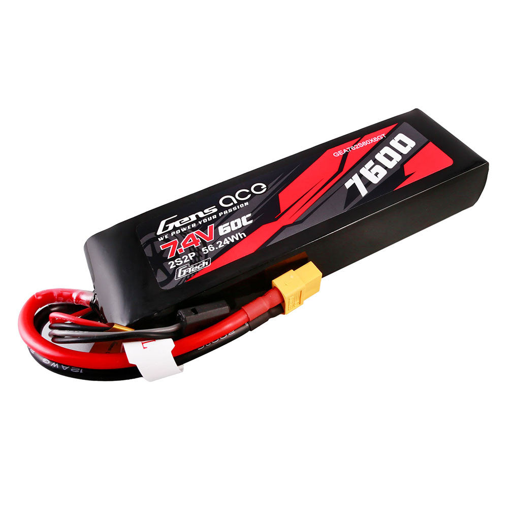 Gens ace G-tech LiPo Battery, Gens ace G-Tech 7.4V 7600mAh 60C LiPo battery pack with red power leads, yellow plug and balance connector