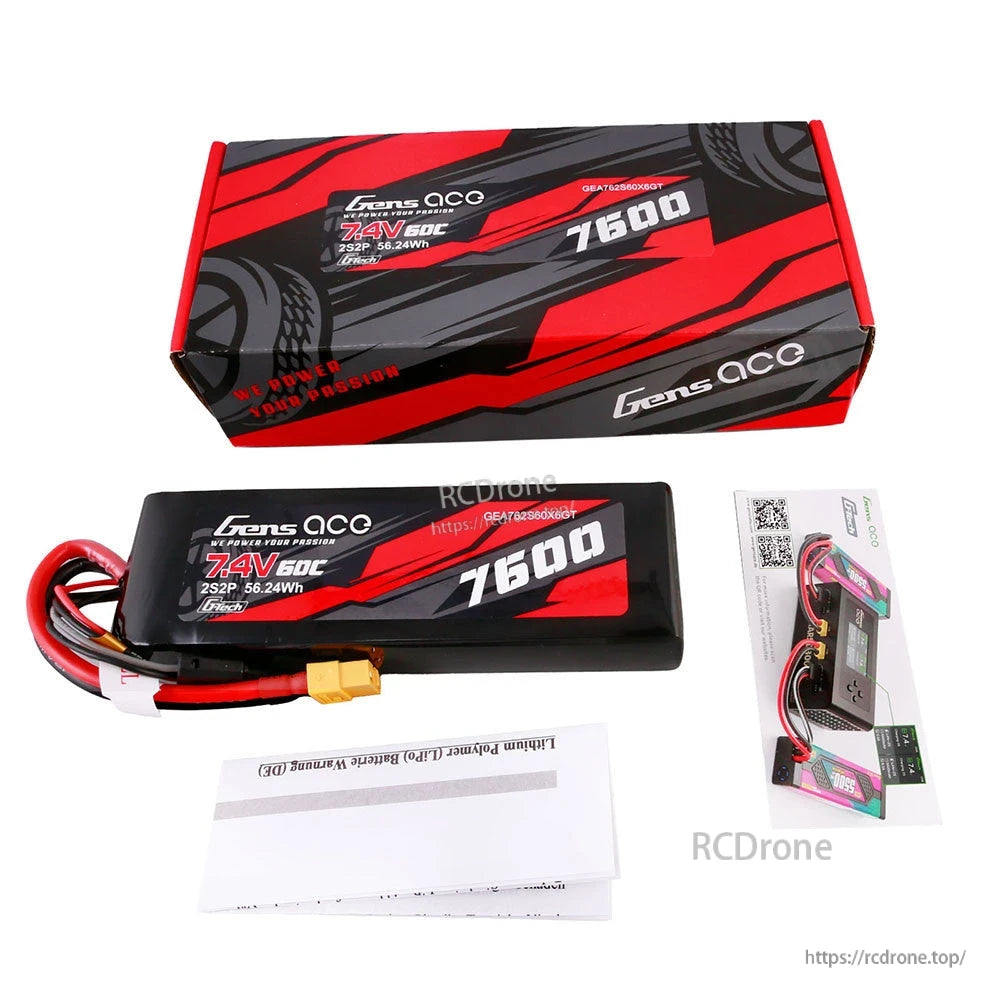 Gens ace G-tech LiPo Battery, Gens ace G-tech 7.4V 7600mAh 60C 2S LiPo battery pack with XT60 connector, box and manual